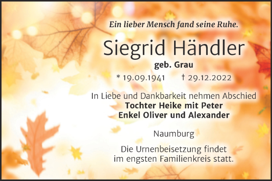 Traueranzeige von Siegrid Händler von Wochenspiegel Naumburg/Nebra