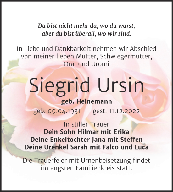 Traueranzeige von Siegrid Ursin von Trauerkombi Bitterfeld