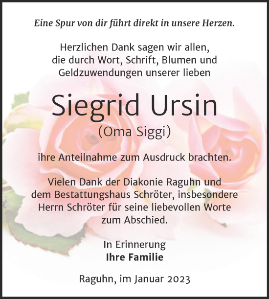 Traueranzeige von Siegrid Ursin von Trauerkombi Bitterfeld