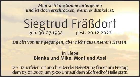 Traueranzeige von Siegtrud Fräßdorf von Mitteldeutsche Zeitung Halle/Saalkreis