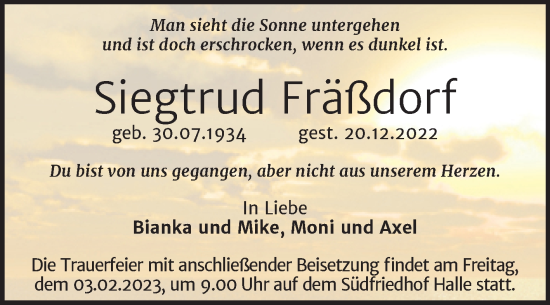 Traueranzeige von Siegtrud Fräßdorf von Mitteldeutsche Zeitung Halle/Saalkreis