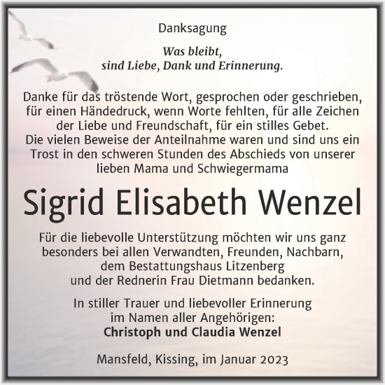 Traueranzeige von Sigrid Elisabeth Wenzel von Trauerkombi Mansfelder Land