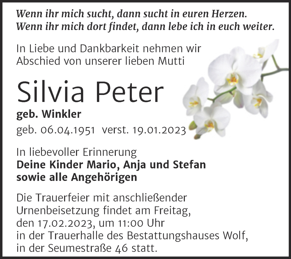  Traueranzeige für Silvia Peter vom 28.01.2023 aus Trauerkombi Weißenfels