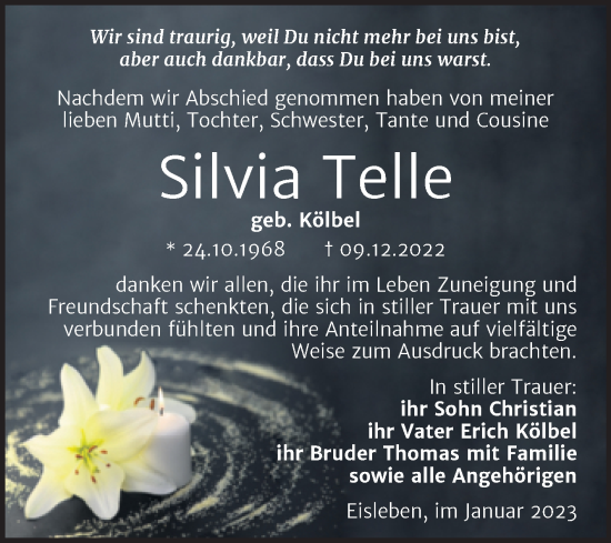 Traueranzeige von Silvia Telle von Trauerkombi Mansfelder Land