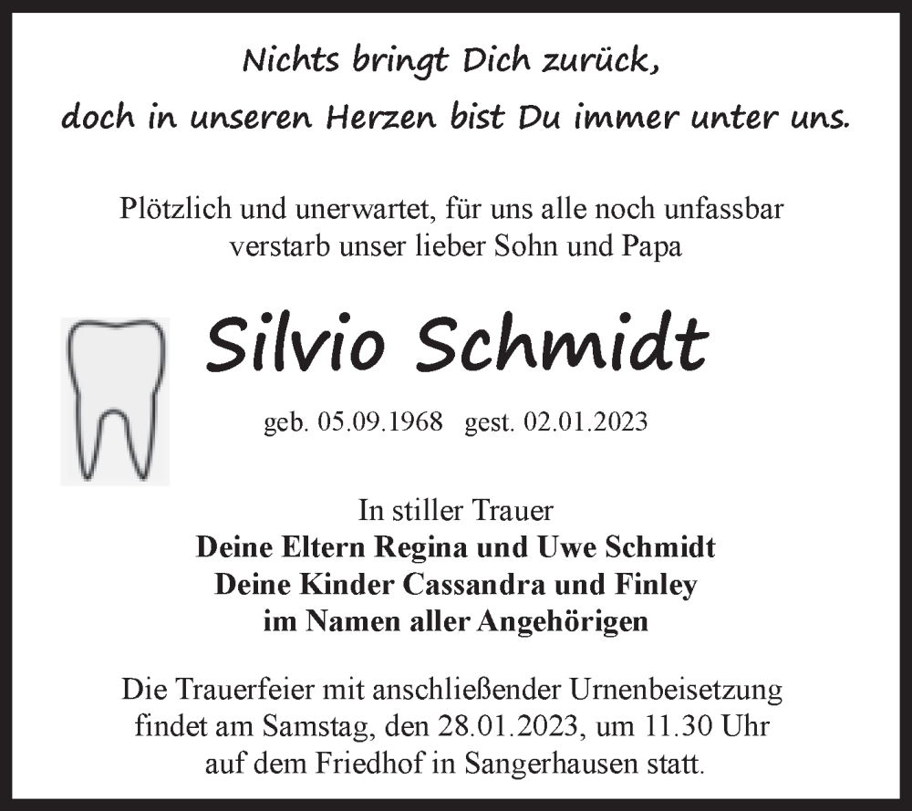  Traueranzeige für Silvio Schmidt vom 20.01.2023 aus Trauerkombi Sangerhausen