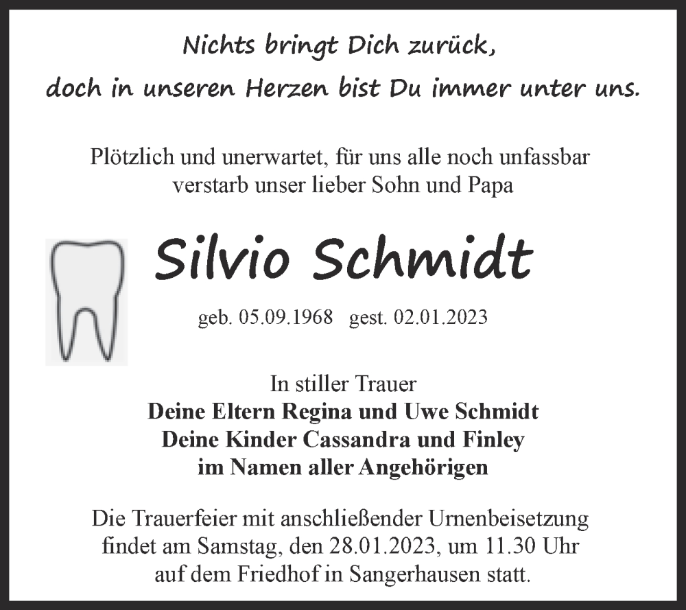  Traueranzeige für Silvio Schmidt vom 21.01.2023 aus Trauerkombi Sangerhausen
