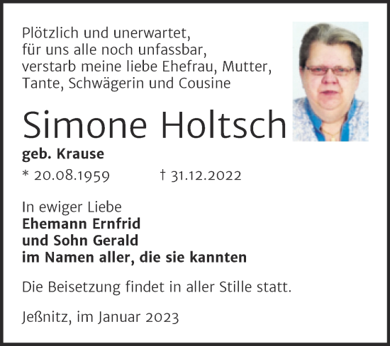 Traueranzeige von Simone Holtsch von Trauerkombi Bitterfeld