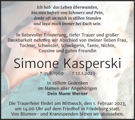 Traueranzeige von Simone Kasperski von Trauerkombi Mansfelder Land
