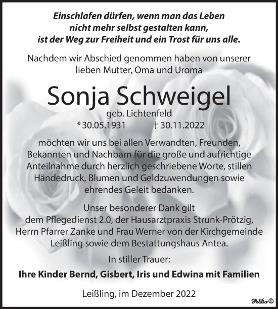 Traueranzeige von Sonja Schweigel von Trauerkombi Weißenfels