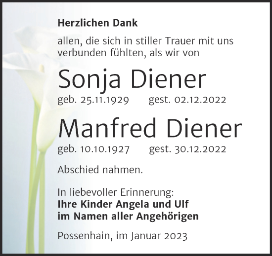 Traueranzeige von Sonja und Manfred Diener von Naumburger Tageblatt