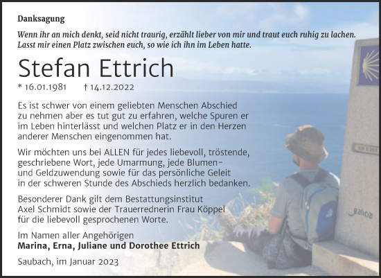 Traueranzeige von Stefan Ettrich von Wochenspiegel Naumburg/Nebra