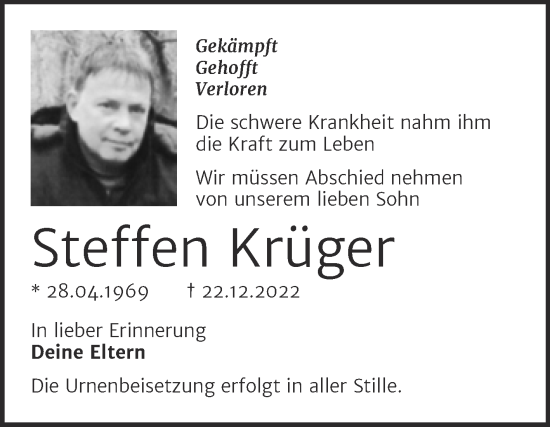 Traueranzeige von Steffen Krüger von Wochenspiegel Bitterfeld