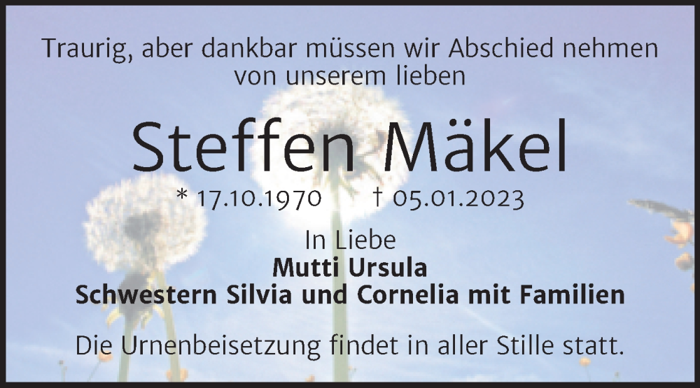  Traueranzeige für Steffen Mäkel vom 14.01.2023 aus Trauerkombi Bernburg