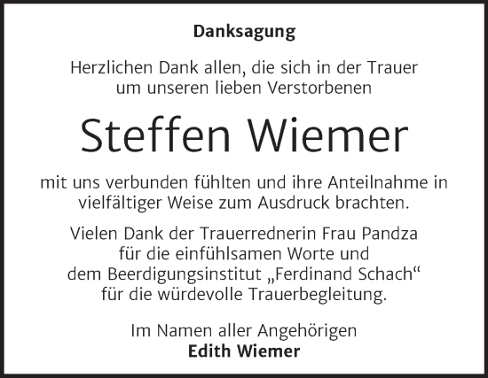 Traueranzeige von Steffen Wiemer von Trauerkombi Wittenberg