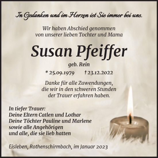 Traueranzeige von Susan Pfeiffer von Trauerkombi Mansfelder Land