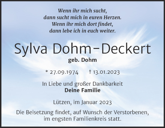 Traueranzeige von Sylva Dohm-Deckert von Trauerkombi Weißenfels