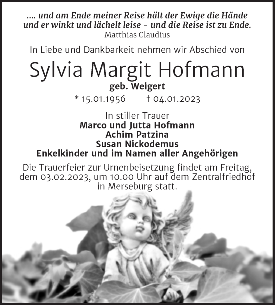 Traueranzeige von Sylvia Margit Hofmann von Trauerkombi Merseburg