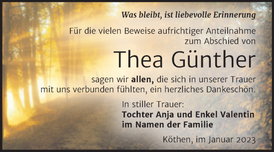Traueranzeige von Thea Günther von Trauerkombi Köthen