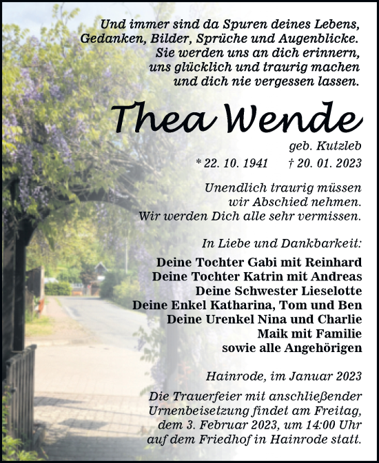 Traueranzeige von Thea Wende von Trauerkombi Sangerhausen