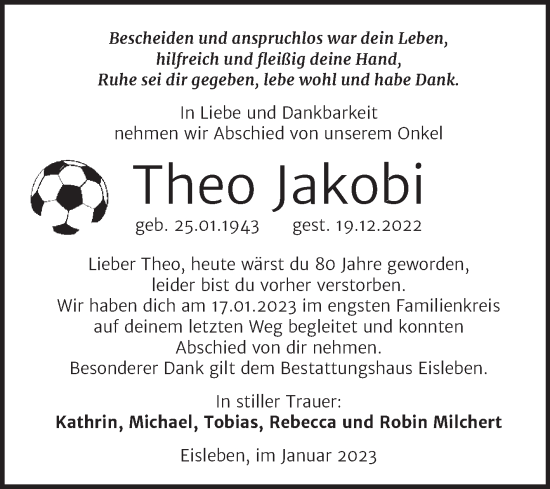 Traueranzeige von Theo Jakobi von Trauerkombi Mansfelder Land