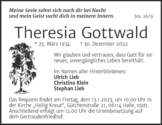 Traueranzeige von Theresia Gottwald von Mitteldeutsche Zeitung Halle/Saalkreis