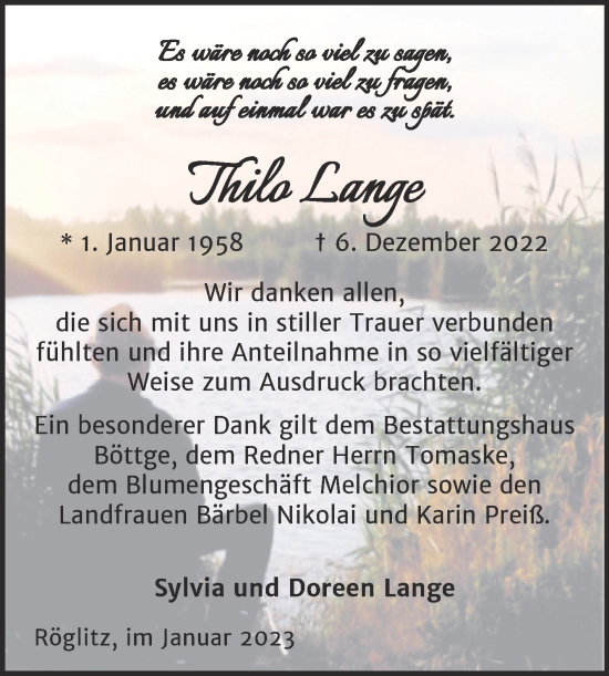 Traueranzeige von Thilo Lange von Trauerkombi Merseburg