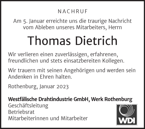 Traueranzeige von Thomas Dietrich von Mitteldeutsche Zeitung Halle/Saalkreis
