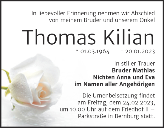 Traueranzeige von Thomas Kilian von Trauerkombi Bernburg