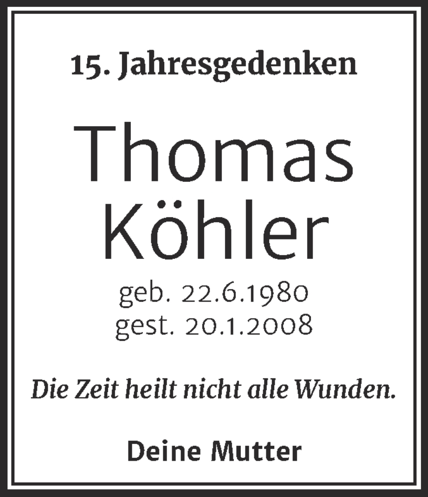  Traueranzeige für Thomas Köhler vom 20.01.2023 aus Mitteldeutsche Zeitung Halle/Saalkreis