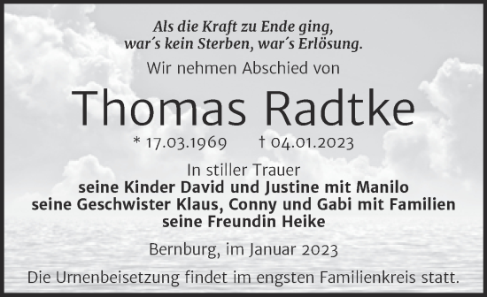 Traueranzeige von Thomas Radtke von Trauerkombi Bernburg
