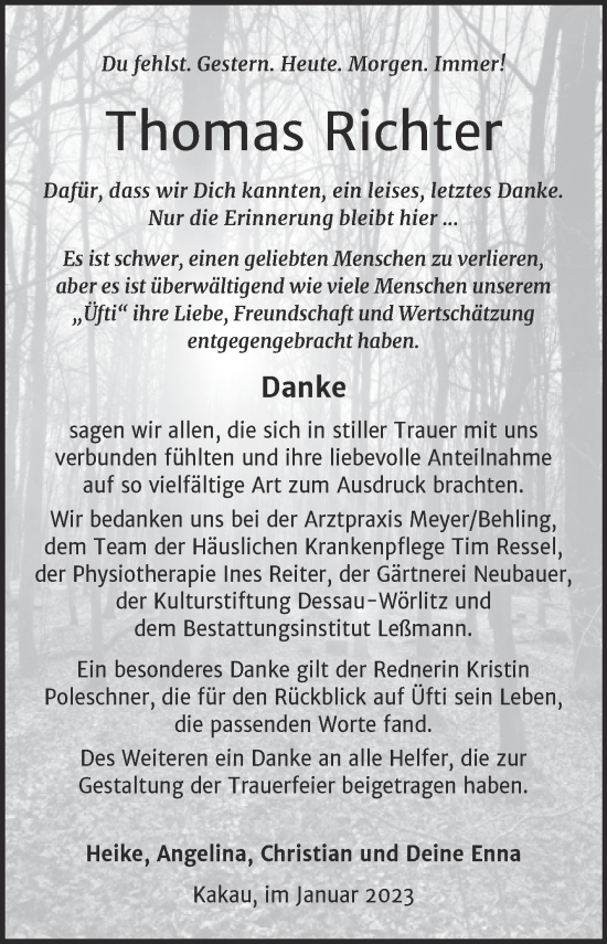 Traueranzeige von Thomas Richter von Trauerkombi Wittenberg