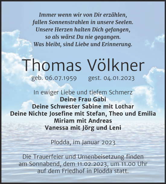 Traueranzeige von Thomas Völkner von Trauerkombi Bitterfeld