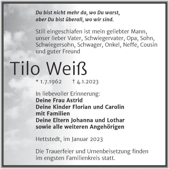 Traueranzeige von Tilo Weiß von Trauerkombi Mansfelder Land