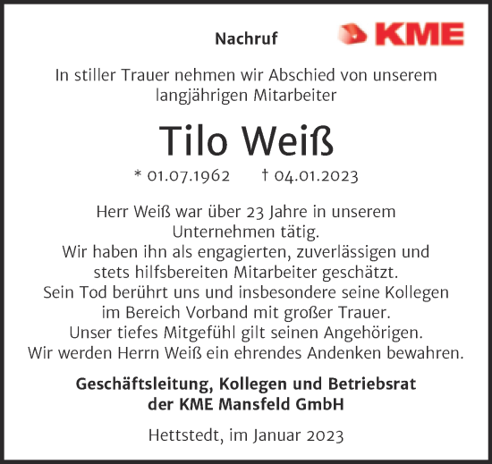 Traueranzeige von Tilo Weiß von Mitteldeutsche Zeitung Mansfelder Land