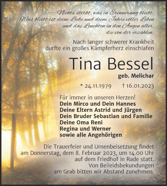 Traueranzeige von Tina Bessel von Trauerkombi Wittenberg