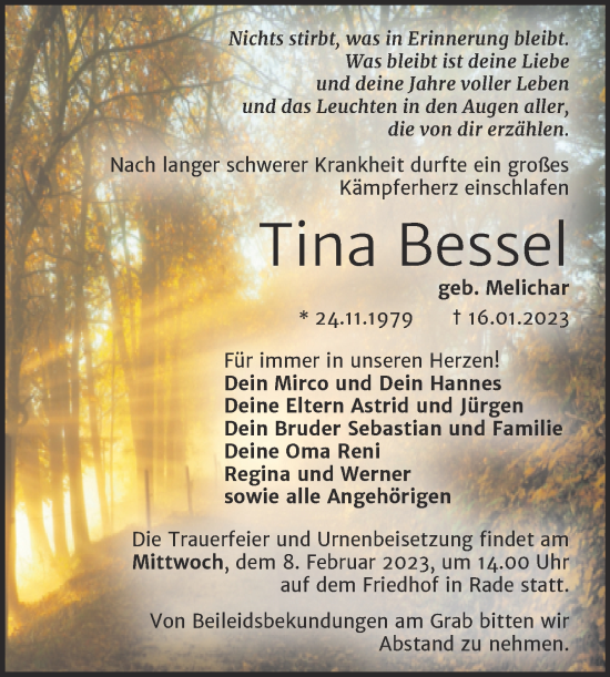 Traueranzeige von Tina Bessel von Trauerkombi Wittenberg