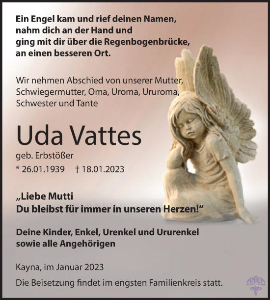 Traueranzeige von Uda Vattes von Trauerkombi Zeitz