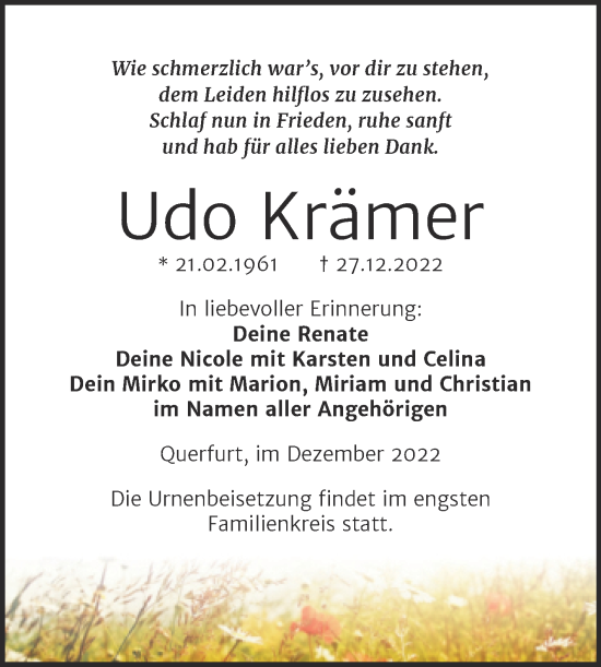 Traueranzeige von Udo Krämer von Trauerkombi Merseburg