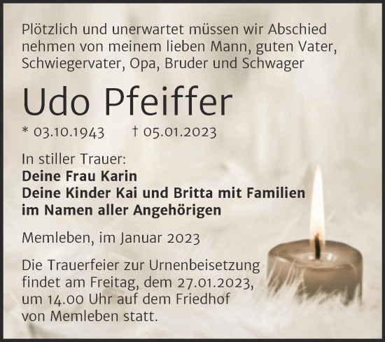 Traueranzeige von Udo Pfeiffer von Wochenspiegel Naumburg/Nebra