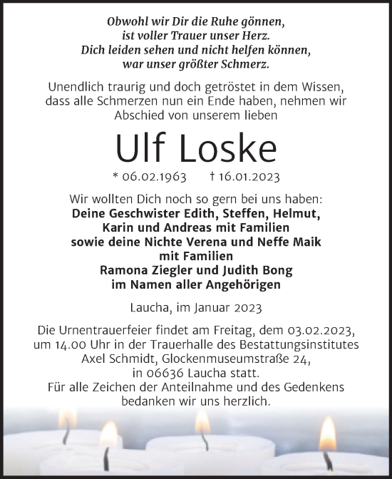 Traueranzeige von Ulf Loske von Wochenspiegel Naumburg/Nebra