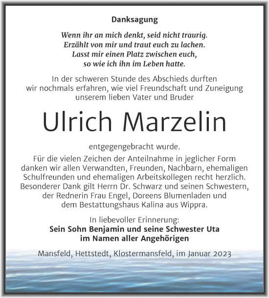 Traueranzeige von Ulrich Marzelin von Trauerkombi Mansfelder Land