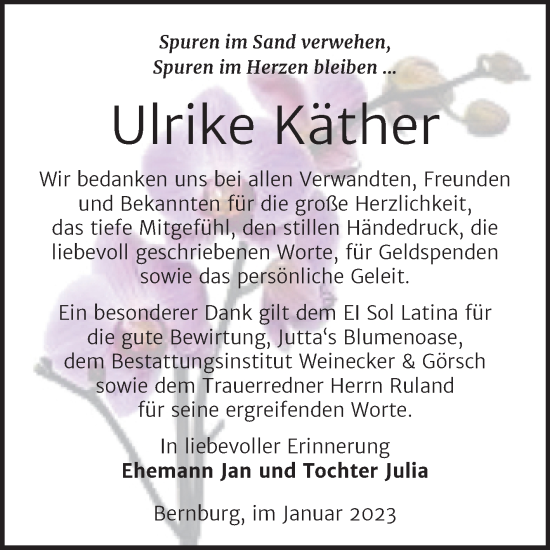 Traueranzeige von Ulrike Käther von Trauerkombi Bernburg