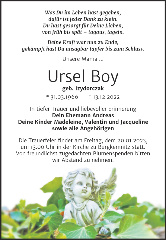 Traueranzeige von Ursel Boy von Trauerkombi Bitterfeld