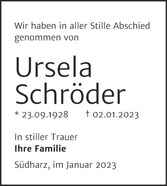 Traueranzeige von Ursela Schröder von Mitteldeutsche Zeitung Sangerhausen