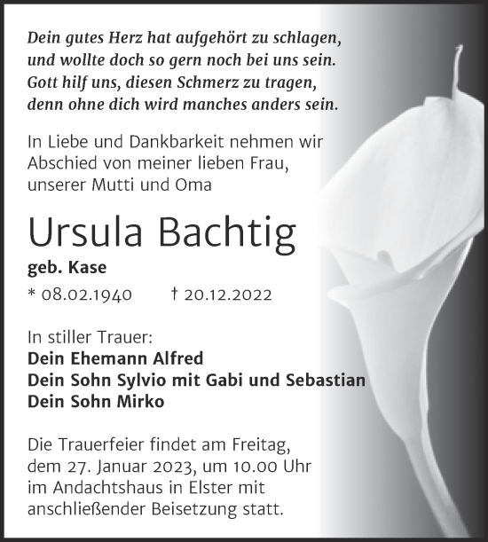 Traueranzeige von Ursula Bachtig von Trauerkombi Wittenberg