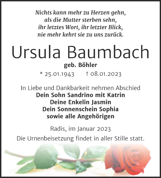 Traueranzeige von Ursula Baumbach von Trauerkombi Wittenberg