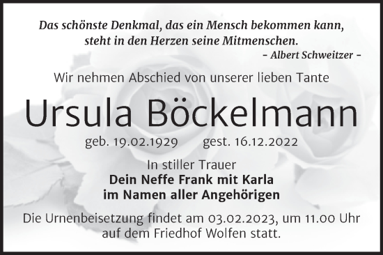 Traueranzeige von Ursula Böckelmann von Trauerkombi Bitterfeld