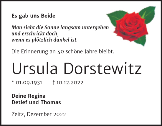 Traueranzeige von Ursula Dorstewitz von Super Sonntag Zeitz