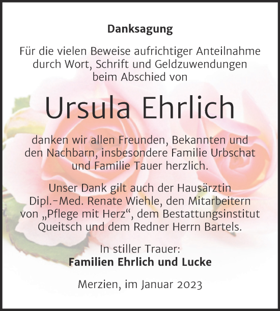 Traueranzeige von Ursula Ehrlich von Trauerkombi Köthen