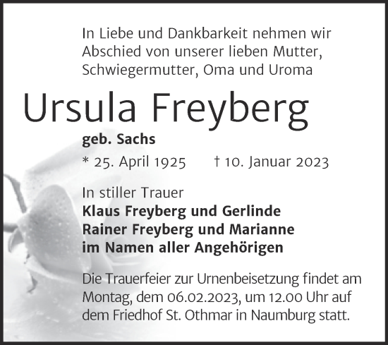 Traueranzeige von Ursula Freyberg von Wochenspiegel Naumburg/Nebra